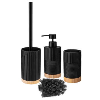 Zestaw łazienkowy 4-el. CAMINO polyresin czarny mat bambus szczotka WC z pojemnikiem dozownik do mydła i kubek łazienkowy loftowy boho skandynawski