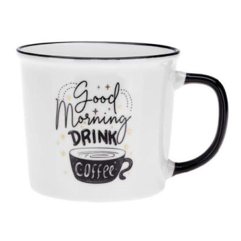 Kubek porcelanowy New Bone CAFE 330 ml retro imitacja emalii biały czarny nadruk napisy "Good Morning Drink Coffee"